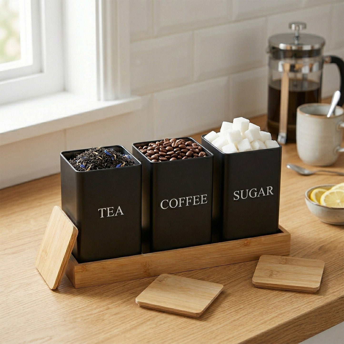 Kitchen Countertop Storage Essentials, 3pcs Black Rectangular Metal Canisters with Flip-Top Lids, Heavy-Duty Iron Jars for Coffee Tea Sugar and Spices Storage