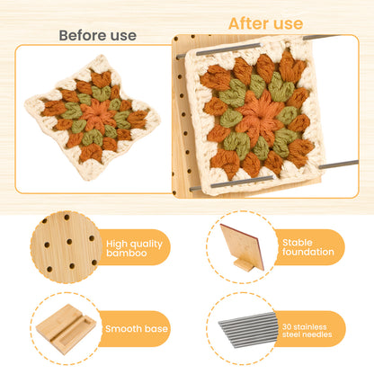 1set Bamboo Wooden Board For Knitting Crochet And Granny Squares Blocking Board For Knitting And Crochet Projects Handcrafted Knitting Stainless Steel Pins 13 Inches 33x33cm