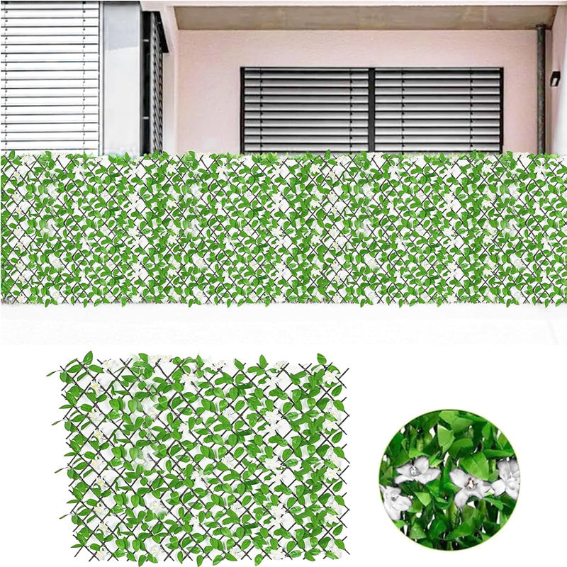 Expanding Garden Trellis Panels, 180X30Cm Expandable Garden Fence Screening with Artificial Ivy And Violet Flower, Decorative Faux Ivy Leaf Privacy Screen Greenery Backdrop for Backyard