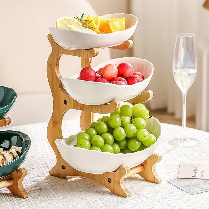 Wooden 3-Tier Fruit and Vegetable Basket with Wooden Legs - Versatile Kitchen Organizer for Fruits, Vegetables, and Iced Food - Perfect for Refrigerator Storage, Fruit Basket for Kitchen