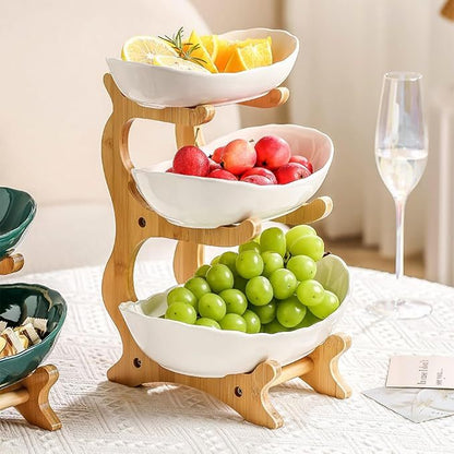 Wooden 3-Tier Fruit and Vegetable Basket with Wooden Legs - Versatile Kitchen Organizer for Fruits, Vegetables, and Iced Food - Perfect for Refrigerator Storage, Fruit Basket for Kitchen