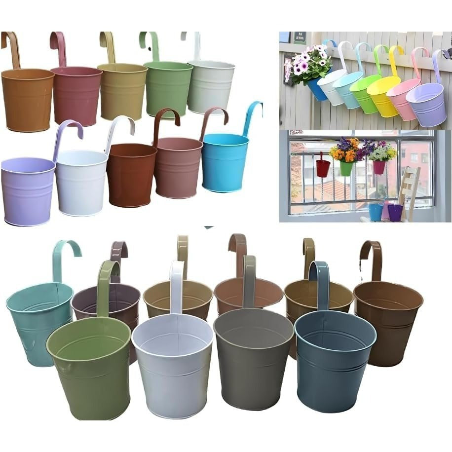 Trendi Set of 10 Metal Hanging Plant/Flower Pots Planters With Drainage Hole, Balcony Planters Fence Garden Home Decor Detachable Hook Coloured Planters (10)
