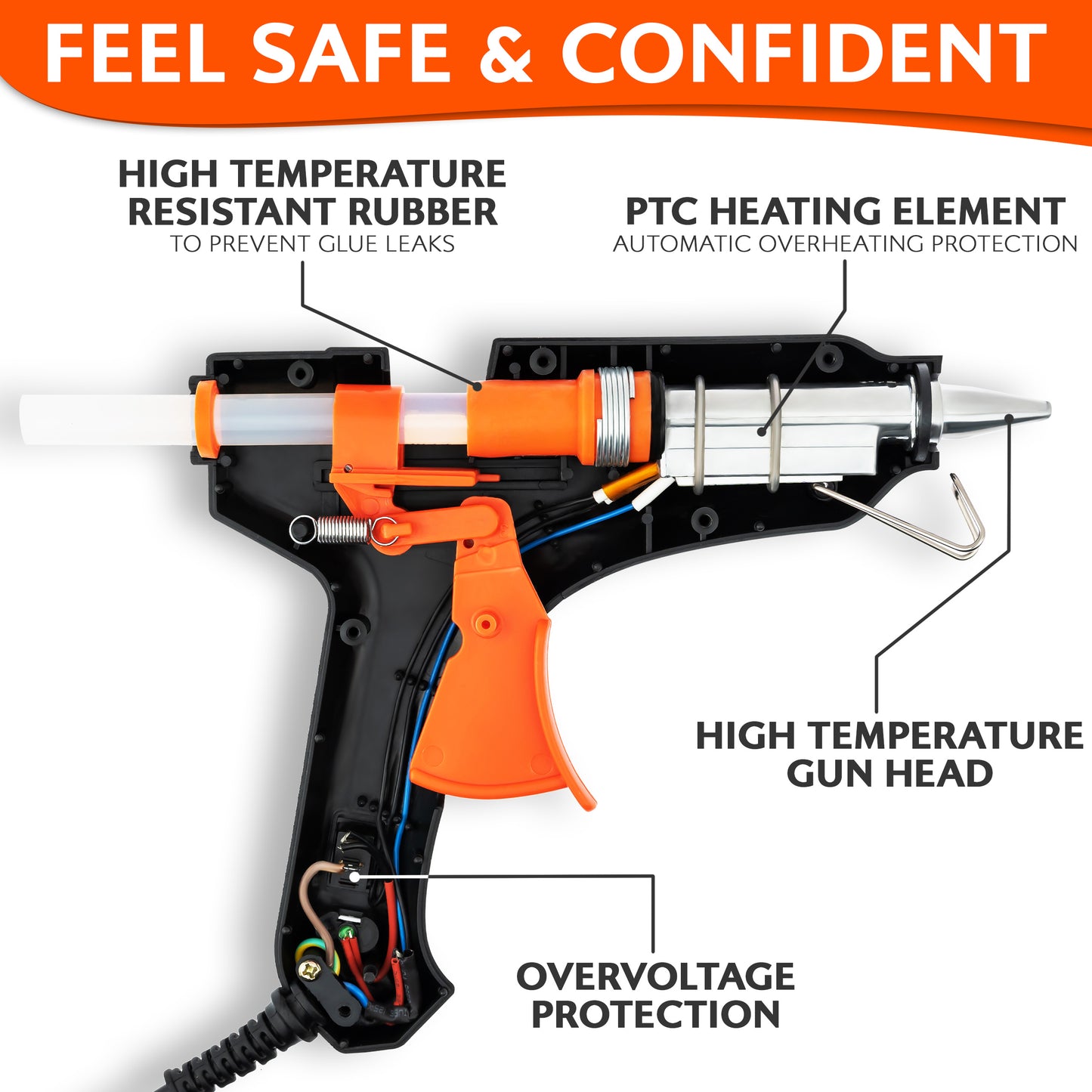Hot Melt Glue Gun Machine Set with Glue Sticks 11mm Thin 20cm Long for Art & Crafts Kit School, Home - 100w Professional Electric UK Plug Heavy Duty - No-Drip Metal Tip, Safety Stand, Easy to Press Trigger