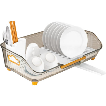 1pc Dish Drying Rack with Handle & Drainboard - Space-Saving Compact Design with Utensil Holder, Durable Plastic Construction, Easy to Clean & Move - Over Sink or Countertop Use for Small Kitchens, Apartments, RVs - Modern White & Golden Kitchen Organizer