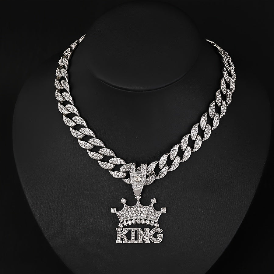 Men'S -Studded Crown Pendant Hip-Hop KING Letter Pendant Jewelry Street Trendy Cool Thick Cuban Necklace 1pc