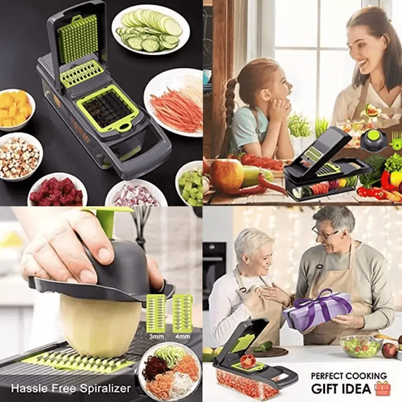 A Multifunctional 16-In-1 Food Chopper, Including a Vegetable Chopper, Onion Chopper, Vegetable Slicer, Dicer, And More, Equipped with 8 Blades, a Strainer Basket, And Containers for Salad, Potatoes, Carrots, And Garlic, Along with a Drainage Basket