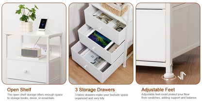 RELIABLE 2pcs Bedside Table with Charging Station, Side Table with LED Light, Small Nightstand with 3 Fabric Drawers And Open Storage Shelf, Bedside Cabinet for Bedroom, Living Room