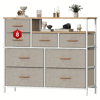 8 Drawer Chest of Drawers with Fabric Fronts & Wooden Top – Large Storage Dresser Organiser Unit for Bedroom & Living Room