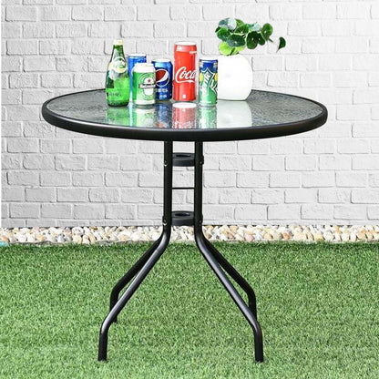 Outdoor Dining Table, Bistro Patio Garden Table, Metal Glass Top Table for Indoor Outdoor Cafe Dining, Black