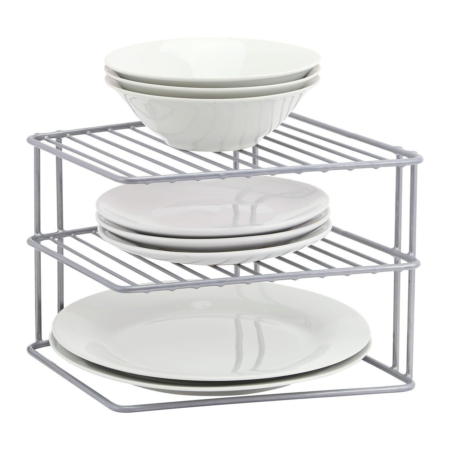 Premium 3 Tier Corner Plate & Bowl Storage Rack Cupboard Shelf Insert Organiser Space Saver Kitchen Stand Holder (Grey)
