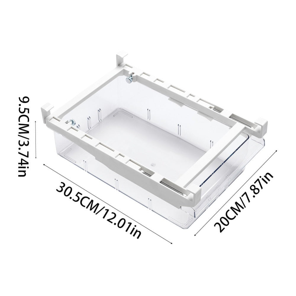 Fridge Organiser Pull-Out Drawer – Clear Under-Shelf Refrigerator Storage Box with Sliding Rail, Stackable Space-Saving Bin for Kitchen Fridge, Freezer & Cabinet, Fits 30-44cm Shelves, 30.5 x 20 x 9.5cm