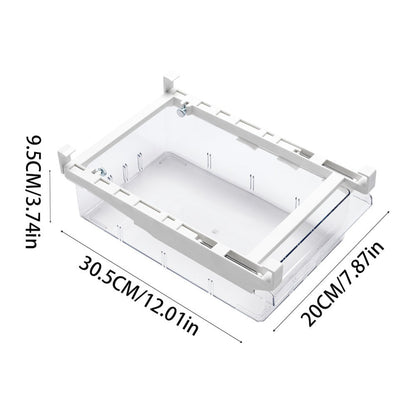 Fridge Organiser Pull-Out Drawer – Clear Under-Shelf Refrigerator Storage Box with Sliding Rail, Stackable Space-Saving Bin for Kitchen Fridge, Freezer & Cabinet, Fits 30-44cm Shelves, 30.5 x 20 x 9.5cm