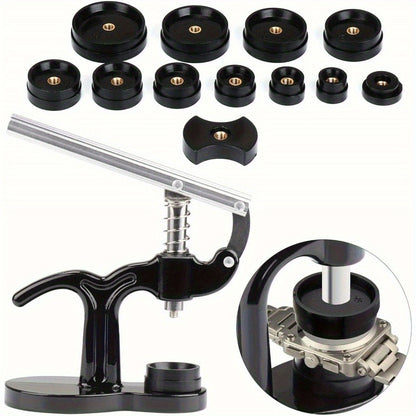 13pcs Watch Press with 12 Dies 18mm50mm Watch Back Case Press Opener & Crystal Glass Closer - Professional Fitting Repair Tool