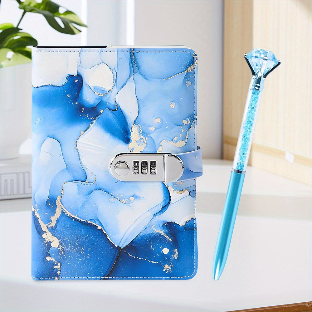 1pc Diary with Lock, A5 Faux Leather Journal with Lock 120 Sheets, Blue Password Locked Travel Notebook with Pen, Great for Birthday Gifts, Party