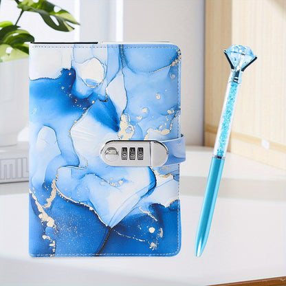 1pc Diary with Lock, A5 Faux Leather Journal with Lock 120 Sheets, Blue Password Locked Travel Notebook with Pen, Great for Birthday Gifts, Party