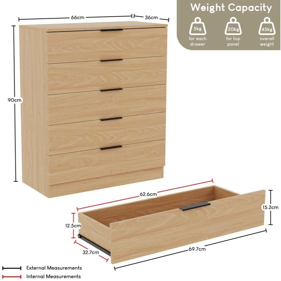 Vida Designs Trega 5 Drawer Chest Of Drawers Space-Saving Storage Smooth Glide Drawers Bedroom Furniture