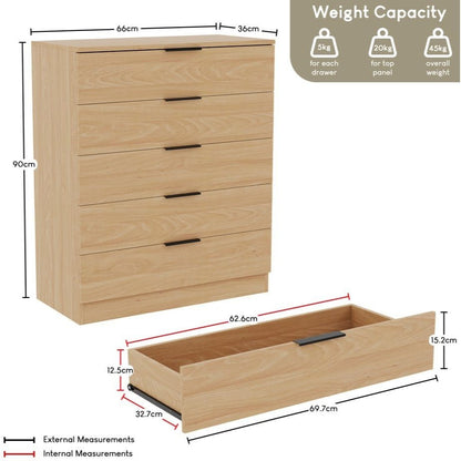 Vida Designs Trega 5 Drawer Chest Of Drawers Space-Saving Storage Smooth Glide Drawers Bedroom Furniture