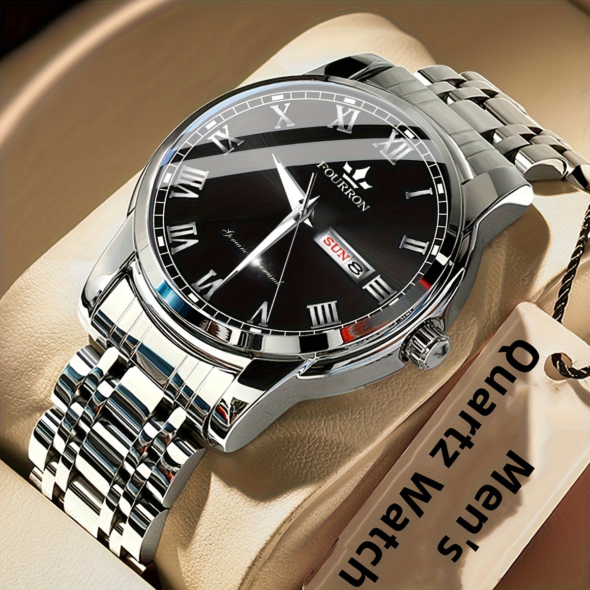 1pc FOURRON Brand New Trendy Fashion Men'S Quartz Watch Stainless Steel Strap with Day Date, Roman Numeral Disc Multi-Function Luminous Luxury Men'S Wristwatches, Friends And Relatives Birthday Gifts, Holiday Party Gifts Preferred Choice