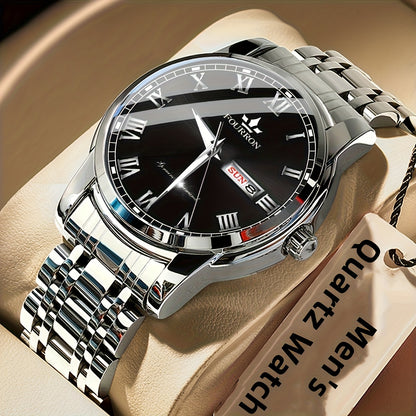 1pc FOURRON Brand New Trendy Fashion Men'S Quartz Watch Stainless Steel Strap with Day Date, Roman Numeral Disc Multi-Function Luminous Luxury Men'S Wristwatches, Friends And Relatives Birthday Gifts, Holiday Party Gifts Preferred Choice