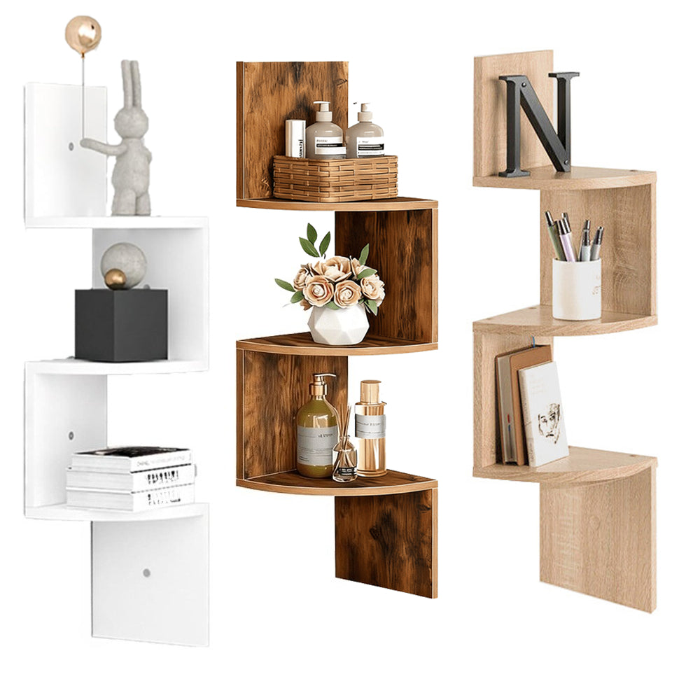 Three-Tier Rustic Corner Wall Shelf with Curved Platforms - size or feature detail