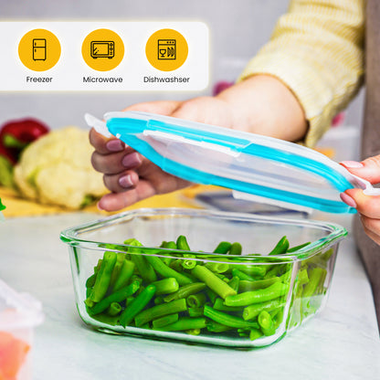 KICHLY Airtight Glass Food Storage Containers with Leakproof Lids – Square Meal Prep Containers with Silicone Seal – Oven, Freezer & Microwave Safe – Stackable Borosilicate Glass with Transparent Clip-Lock Lids