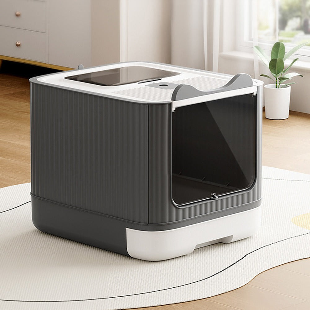 Enclosed Cat Litter Box with UV Sterilisation & Deodoriser | Large Hooded Cat Toilet with Drawer Tray & Scoop | Anti-Splash Odour Control Litter Tray | 44.5x36.5x34.5cm | Grey