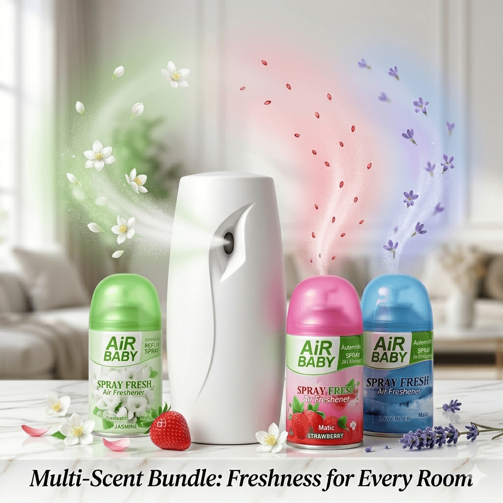 Automatic Air Freshener Spray Dispenser with 3 Fragrance Refills, Battery Operated Room Freshener Machine, Wall Mounted Air Freshener System for Home, Bathroom, Bedroom, Office and Indoor Spaces