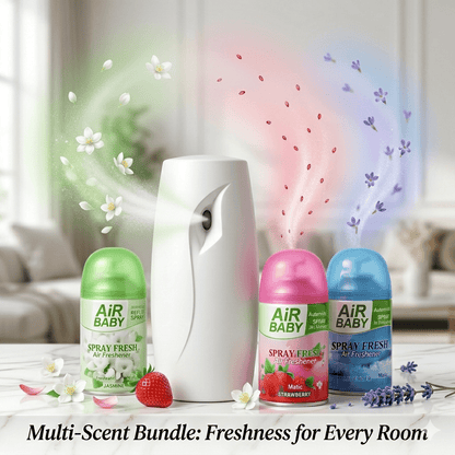 Automatic Air Freshener Spray Dispenser with 3 Fragrance Refills, Battery Operated Room Freshener Machine, Wall Mounted Air Freshener System for Home, Bathroom, Bedroom, Office and Indoor Spaces