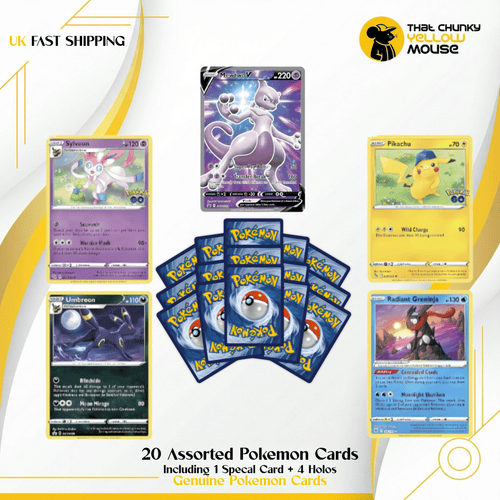 Genuine Pokémon Card Bundle, 20 Cards Including 4 Holo Rare Cards and 1 Ultra Rare EX, V, GX, VMAX, or VSTAR Card