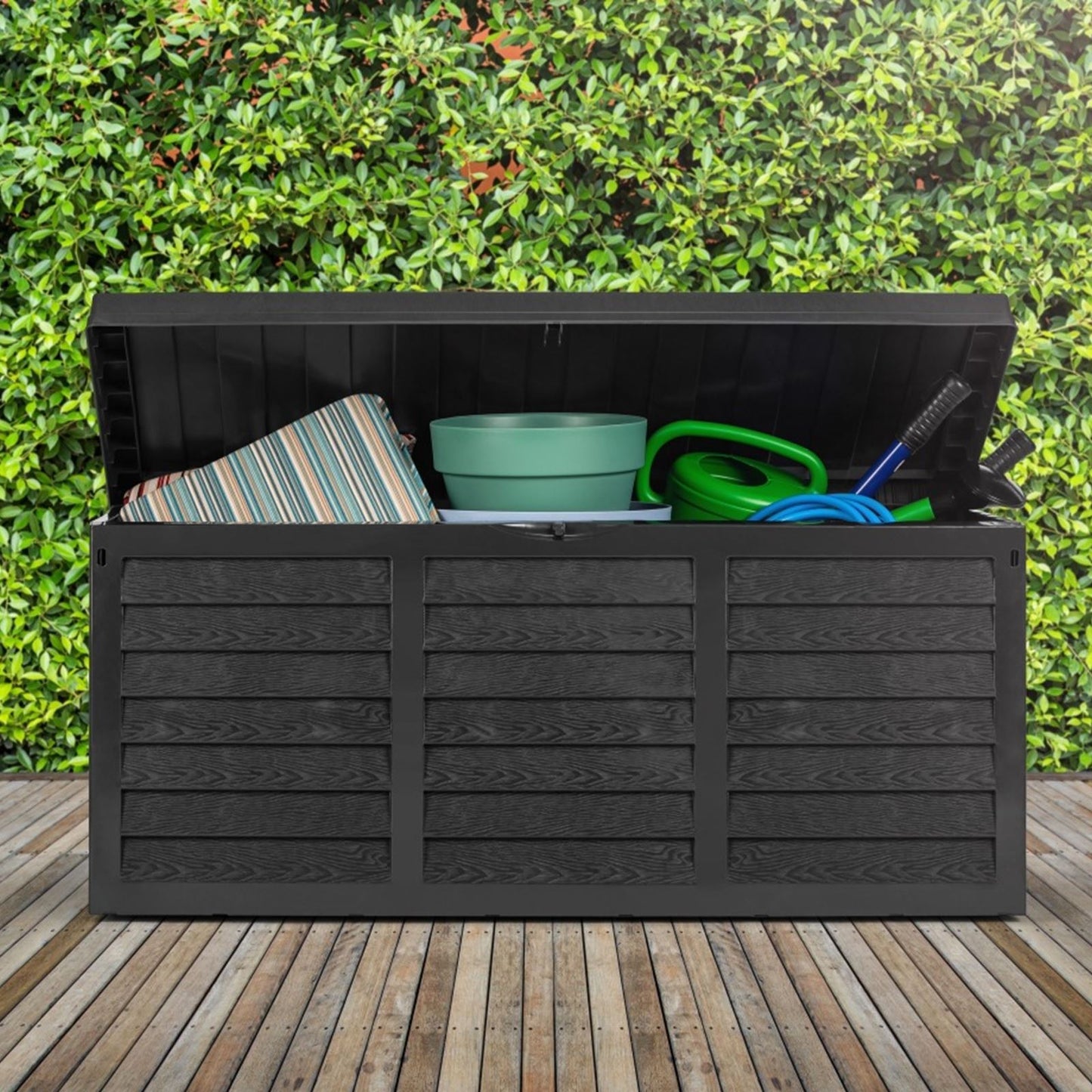 Black 320L Plastic Storage Box Garden Outdoor Shed Utility Cushion Chest Truck