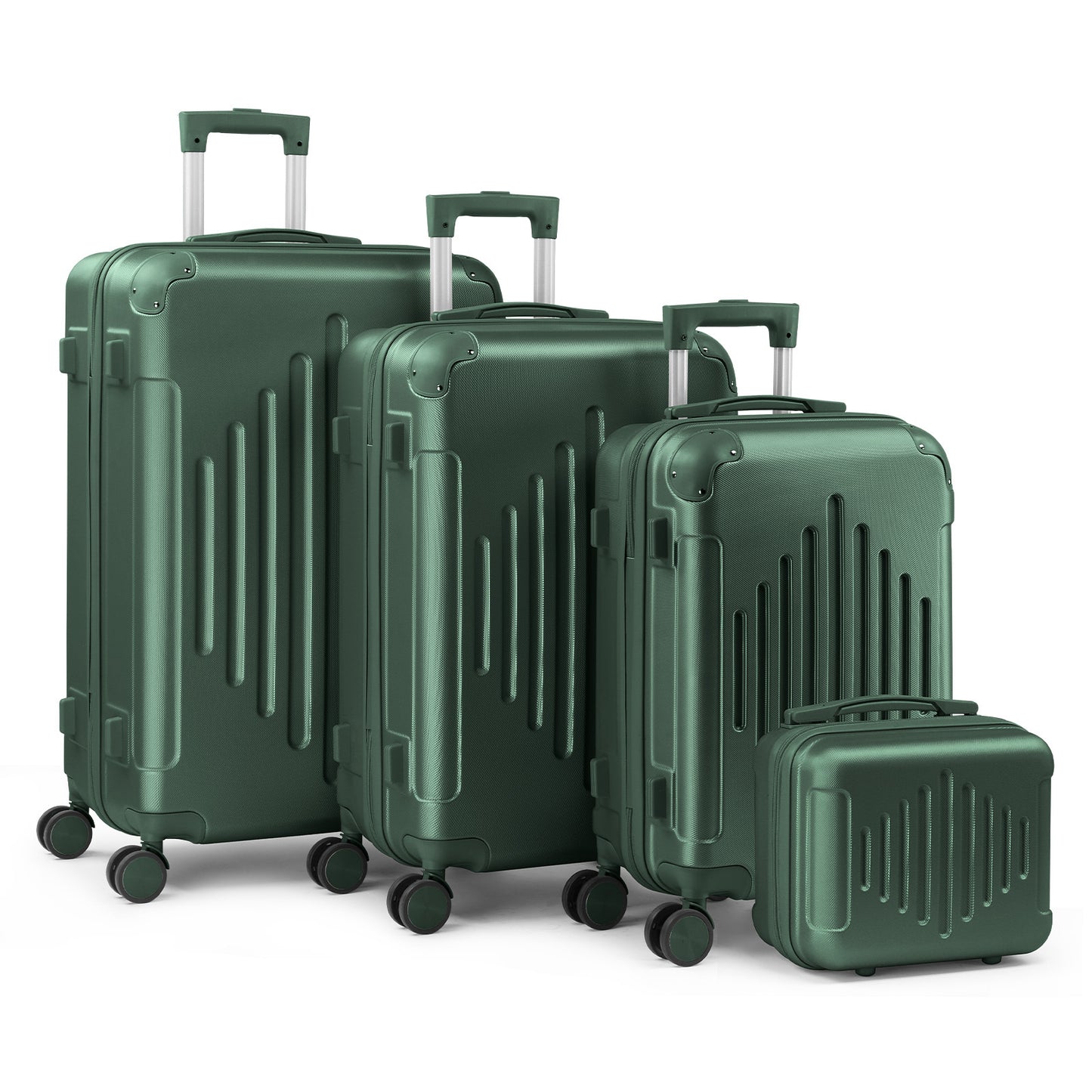 Of 4 Suitcases Featuring Corner Guards, Available in Sizes 12, 20, 24, And 28 Inches. These Durable Hard-Shell Cases Come with 360-Degree Spinner Wheels, Offering a Spacious And Lightweight Option for Travel