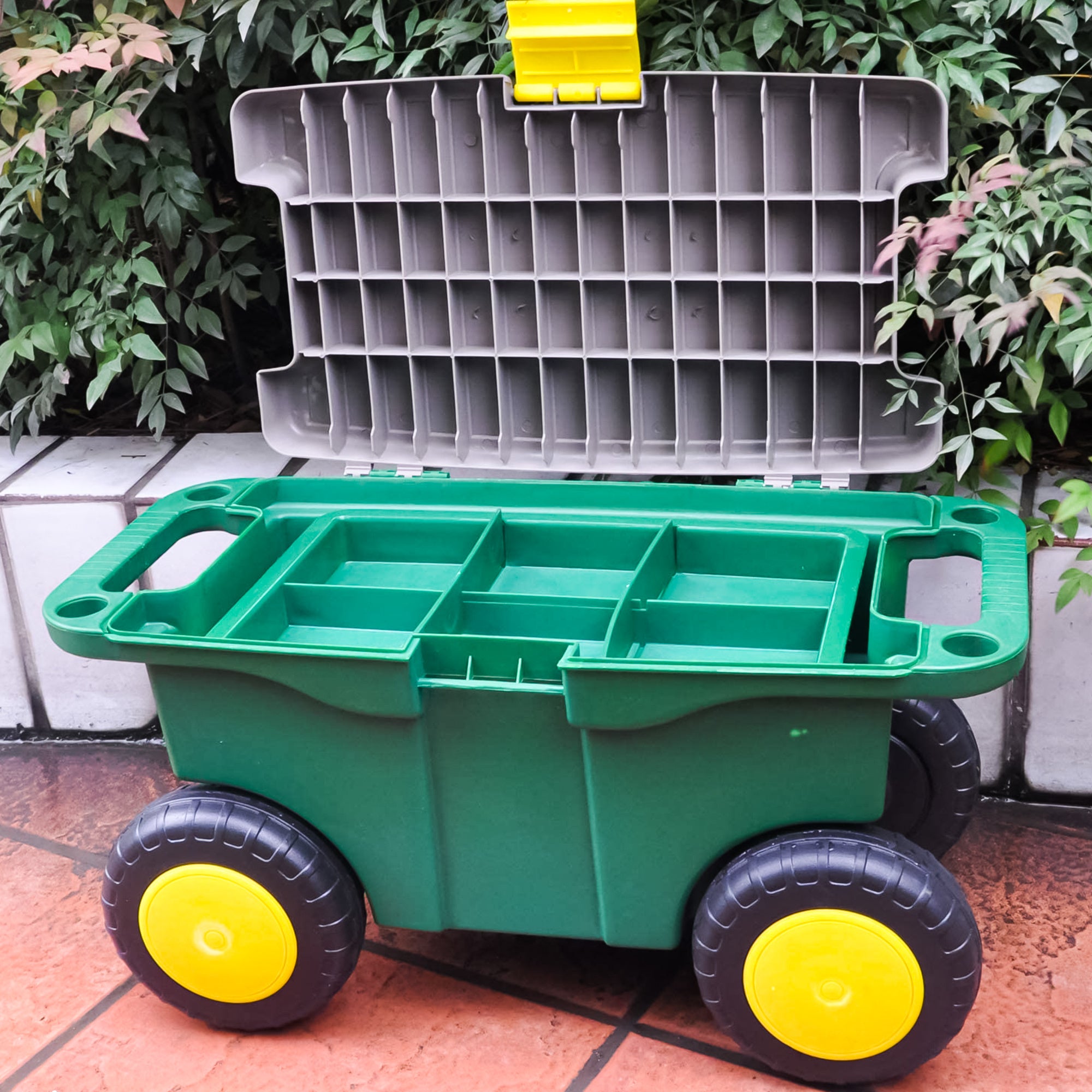 Garden Tool Cart & Seat with Wheels – Portable Rolling Weeding Stool with Built-In Tool Storage & Removable Organiser Tray for Gardening, Weeding & DIY Tasks