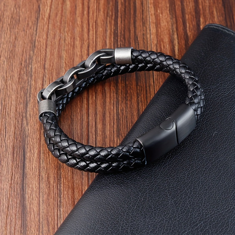 Leather and Stainless Steel Magnetic Bracelet