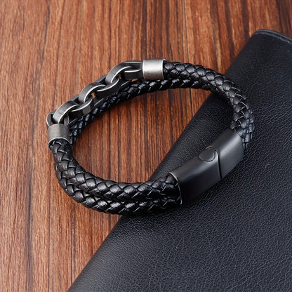 Men's Handmade 316L Stainless Steel Bracelet with Black Leather Chain and Magnetic Clasp, Vintage Jewelry