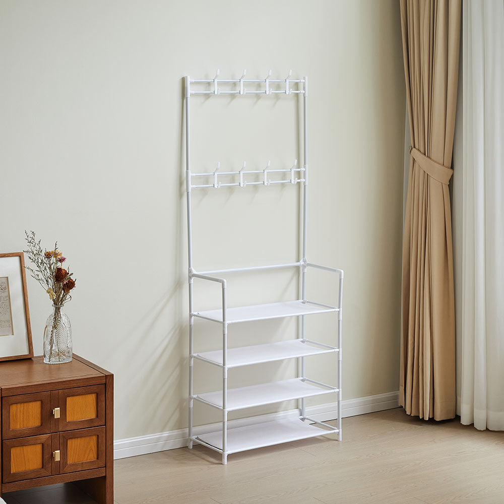 Metal Clothing Rail Rack, Multi Fucntional Coat Hat Stand With Shoe Rack Non Woven Fabric Shelves, Entryway Hall Tree with Bench and Shoe Storage Clothes Rack Hanging Rail Coat Hanger Home Freestanding Coat Rack Hanging Clothes Rack for Clothes, Coats, Sk