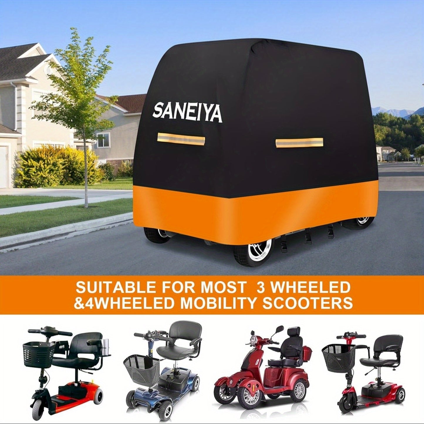 Mobility Scooter Covers, 210D Oxford Dual Color Patchwork  Electric Scooter Cover, Elastic Strap And Reflective, 3 Buckles with Storage Bag