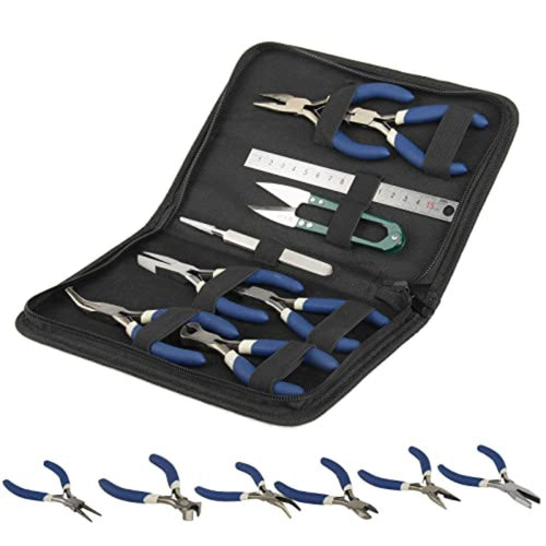 Jewellery Making Pliers Set 9 Piece Carbon Steel Tool Kit with Zipper Case Round Nose Long Nose Bent Nose Flat Nose Diagonal Cutters Scissors Tweezers Ruler for Beading Necklace Craft