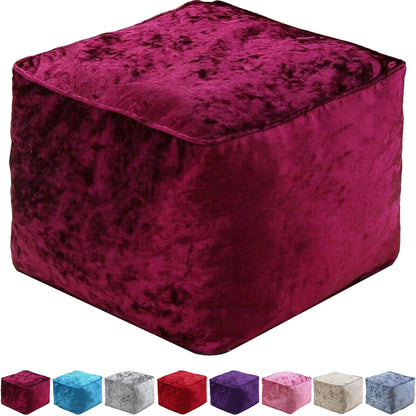 Fully Filled Velvet Bean Bag Footstool – Cube Pouffe Seat, 40×40×30cm, Soft Crush Velvet, Square Shape, Ideal as Foot Rest or Extra Seating
