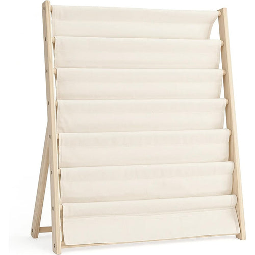 7-Tier Fabric Bookshelf with Deep Pockets, Wood Frame Standing Book Rack, Space-Saving Display Storage for Books, Magazines & Albums, Home and Office Organiser