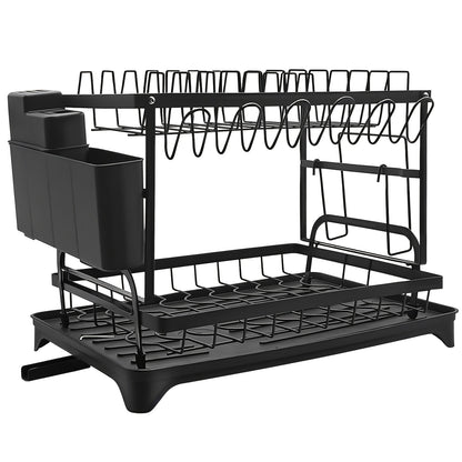 2 Tier Dish Drainer Rack for Kitchen Counter - Space-Saving Dish Rack with Utensil Holder and Cutting Board Holder Large Capacity Drying Rack with Draining Board, Black