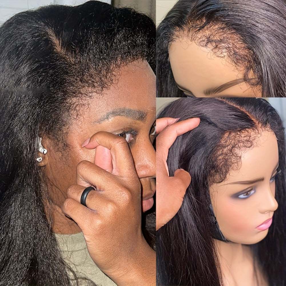 4C Kinky Edges 13X4 Transparent Lace Front Yaki Straight Wig Human Hair Realistic Natural Hairline with Curly Baby Hair Pre Cut Lace Wigs for Women