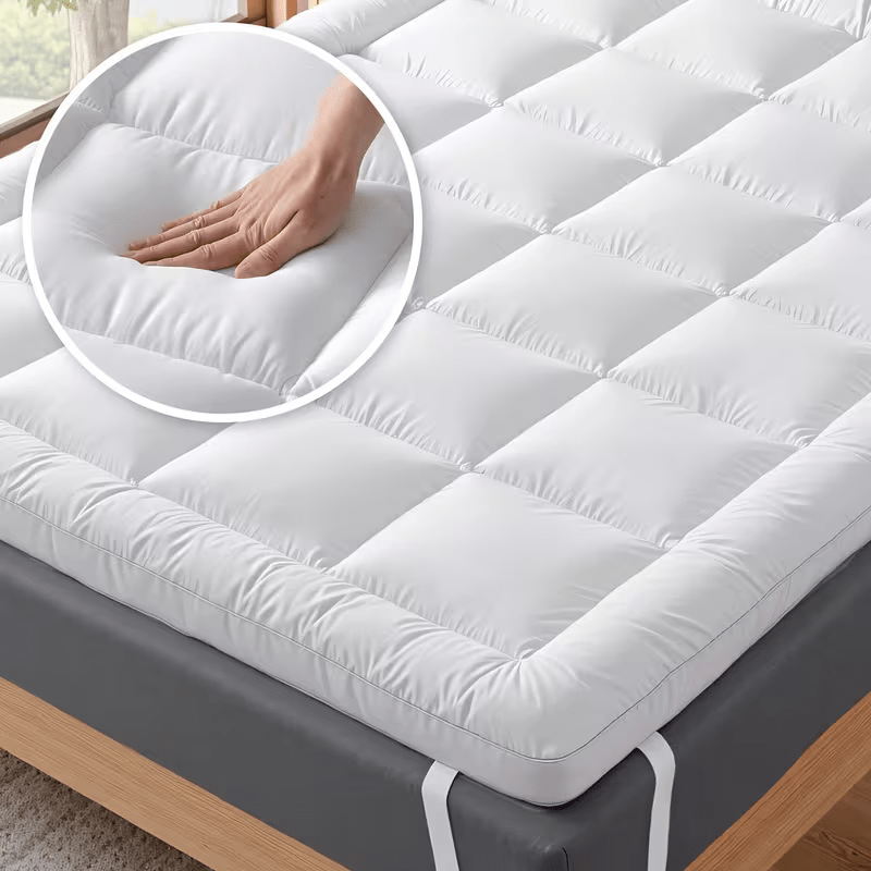 Mattress Topper, 10cm/4Inch Microfiber Overfill, Plush Soft Surface, Four-Corner Elastic Straps for Secure Fit, Anti-Shift & Even Weight Distribution, Fits Single/Double/King/Super King UK Beds