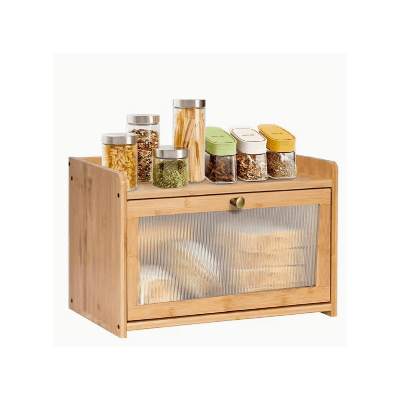 Double Layer Bread Box for Kitchen Counter, 2 Decker Large Wooden Bread Bin, Corner Bread Storage Container with Acrylic Windows, Dry Food Container with Air Vents to Keep Fresh, Self Assembly
