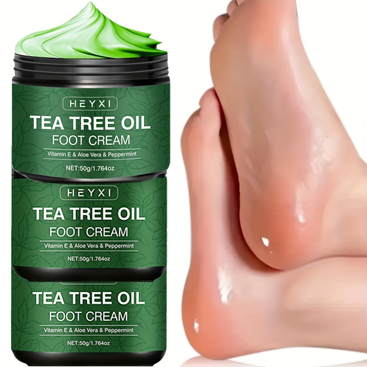 Tea Tree Foot Cream, 3PCS*50g, Enriched with Vitamin E, Aloe Vera and Mint, Highly Moisturizing, Softening and Smoothing, Long-Lasting Fresh Scent, Anti-Crack Cream, for Dry, Rough and Cracked Hands and Feet, Foot Care for Hands and Feet