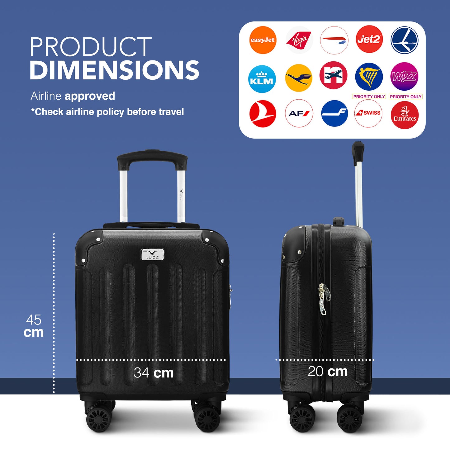 LUGG Skywander 15 Inch (45x34x20cm) Lightweight Underseat Cabin Bag EasyJet Approved Carry-On Suitcase, Durable ABS Hard Shell, Smooth Double Spinner Wheels, Water Resistant & Compact Travel Luggage (45x34x20cm)