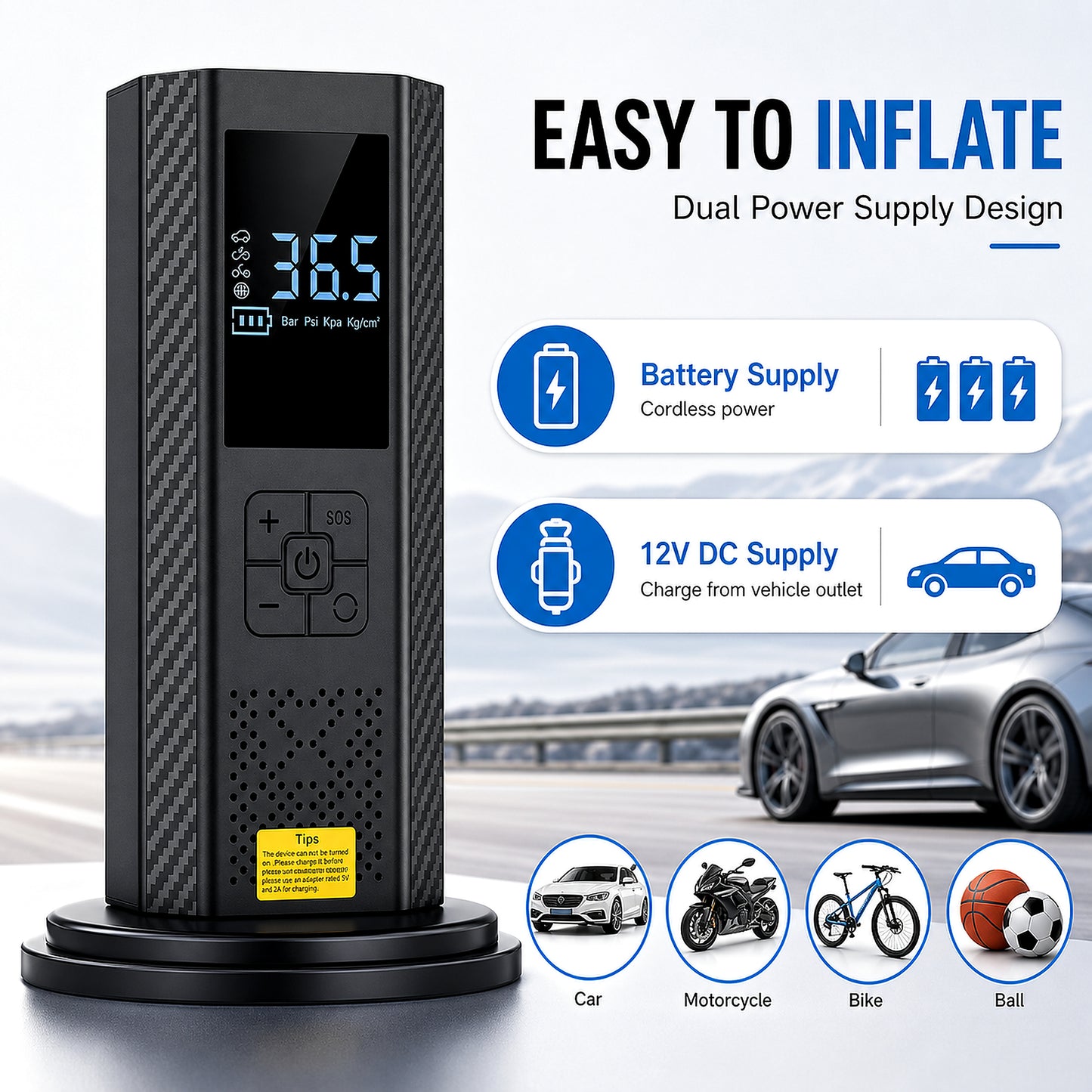 [Portable USB Rechargeable] 150PSI Portable Air Compressor with Tire Pressure Gauge & LED Display - 3X Faster One-Touch Smart Cordless Tire Inflator, USB-Powered, Rechargeable Battery, Battery capacity: 3000 mAh