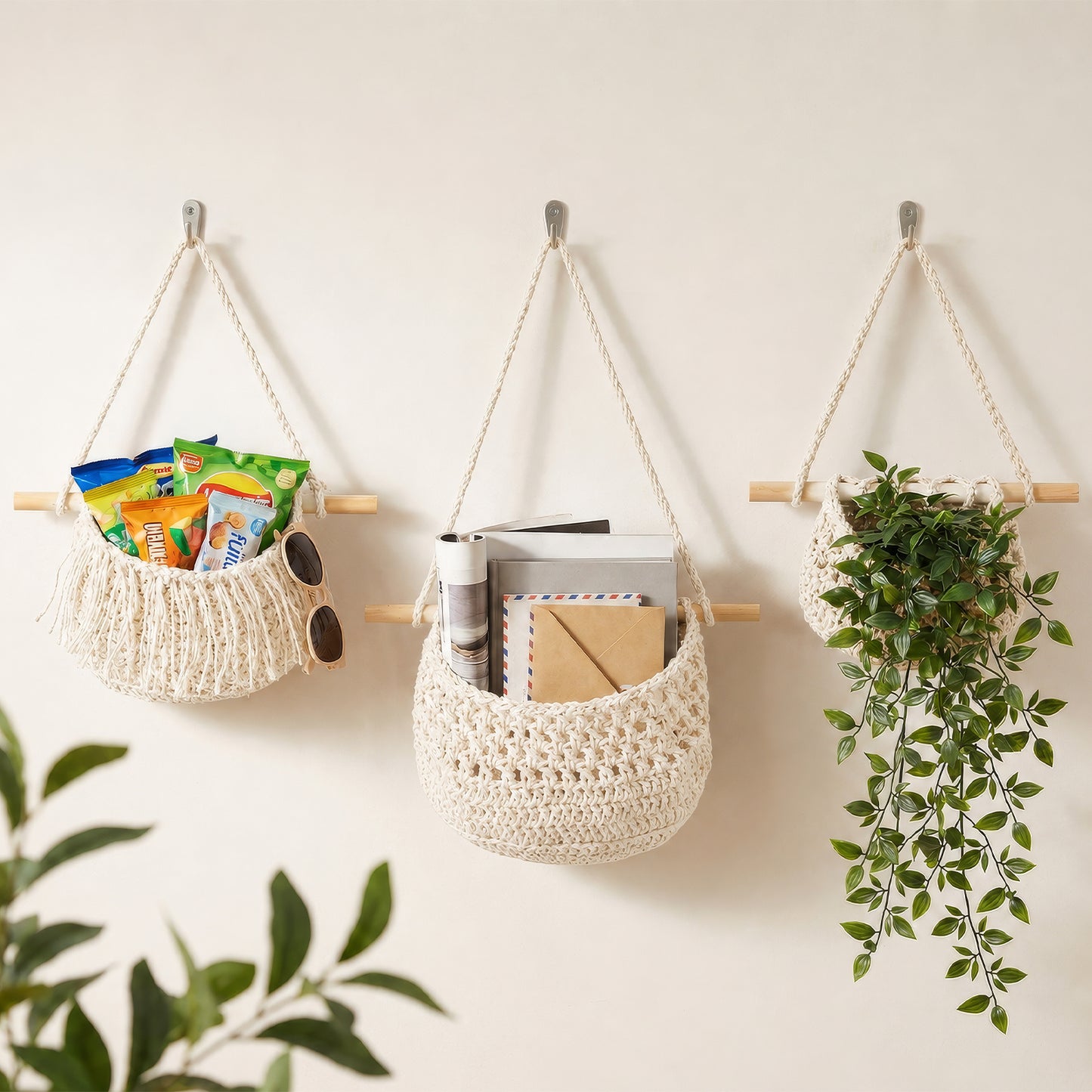 Boho Chic 3-Tier Wall Hanging Storage Basket - Handwoven Rope Organizer for Fruits, Vegetables & More - Easy Install, Versatile Home Decor, Storage Basket