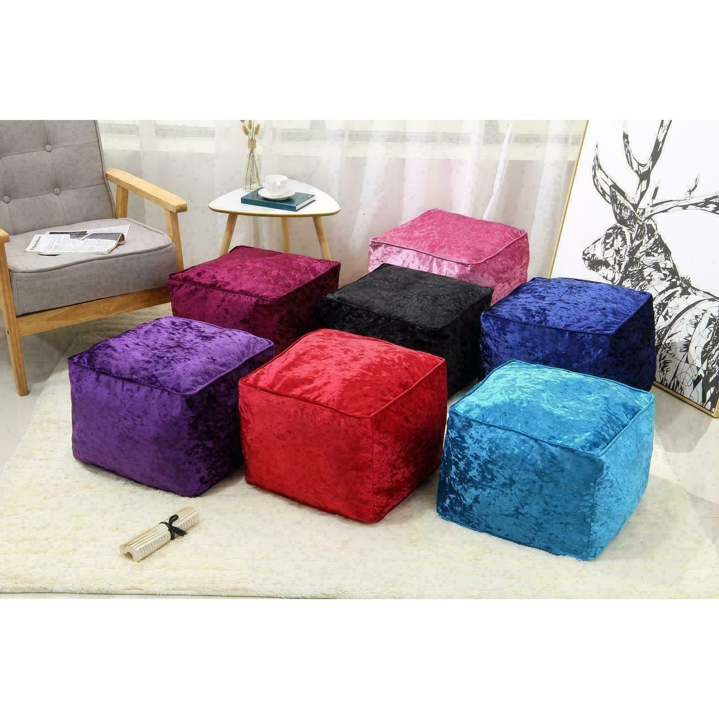Fully Filled Velvet Bean Bag Footstool – Cube Pouffe Seat, 40×40×30cm, Soft Crush Velvet, Square Shape, Ideal as Foot Rest or Extra Seating