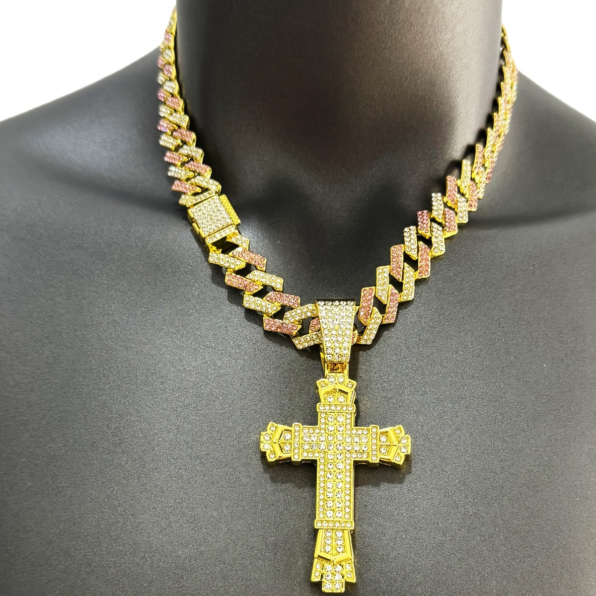 Hip-Hop Plus Size Large Pendant Full Rhinestones Double Layer Thickened Cross Hollow Buckle 14mm Wide Cuban Chain Necklace New Product Creative