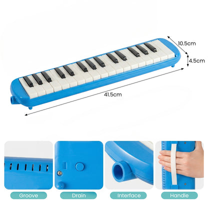 32-Key Soprano Melodica Air Piano Keyboard with Soft Long Tube & Short Mouthpiece, Durable ABS Material, Portable Beginner Instrument with Carrying Bag, Available in Black, Blue, Pink